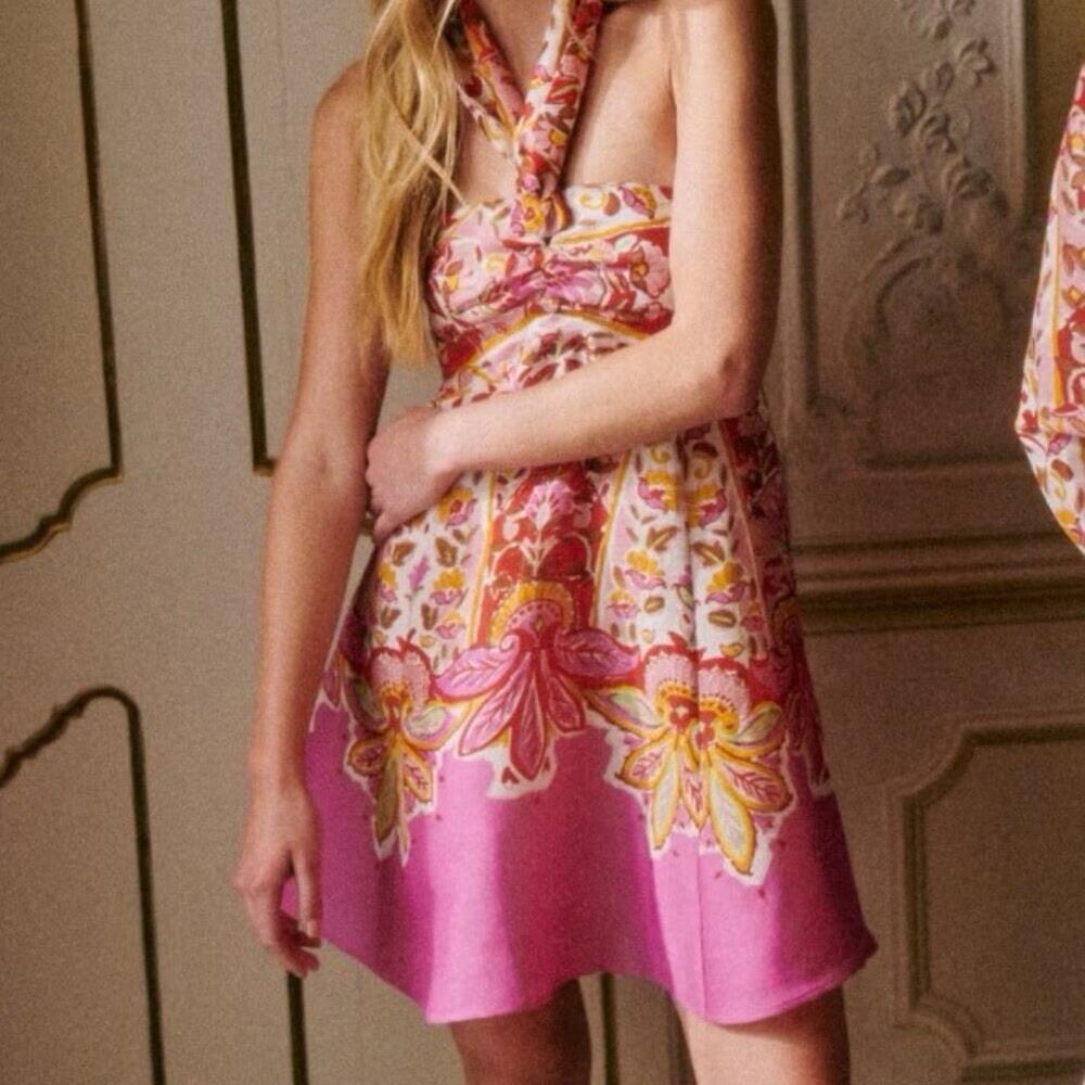 Sezane Rosabella Halter Mini Dress US 8 M Pink Floral Linen Silk Open Back